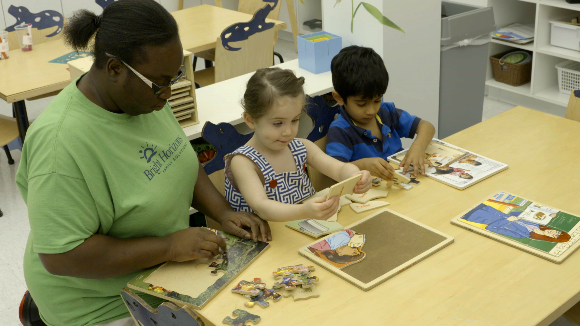 Mary Jane Block and Kieran Doshi at Alston & Bird's on-site child care center in Atlanta, Ga.