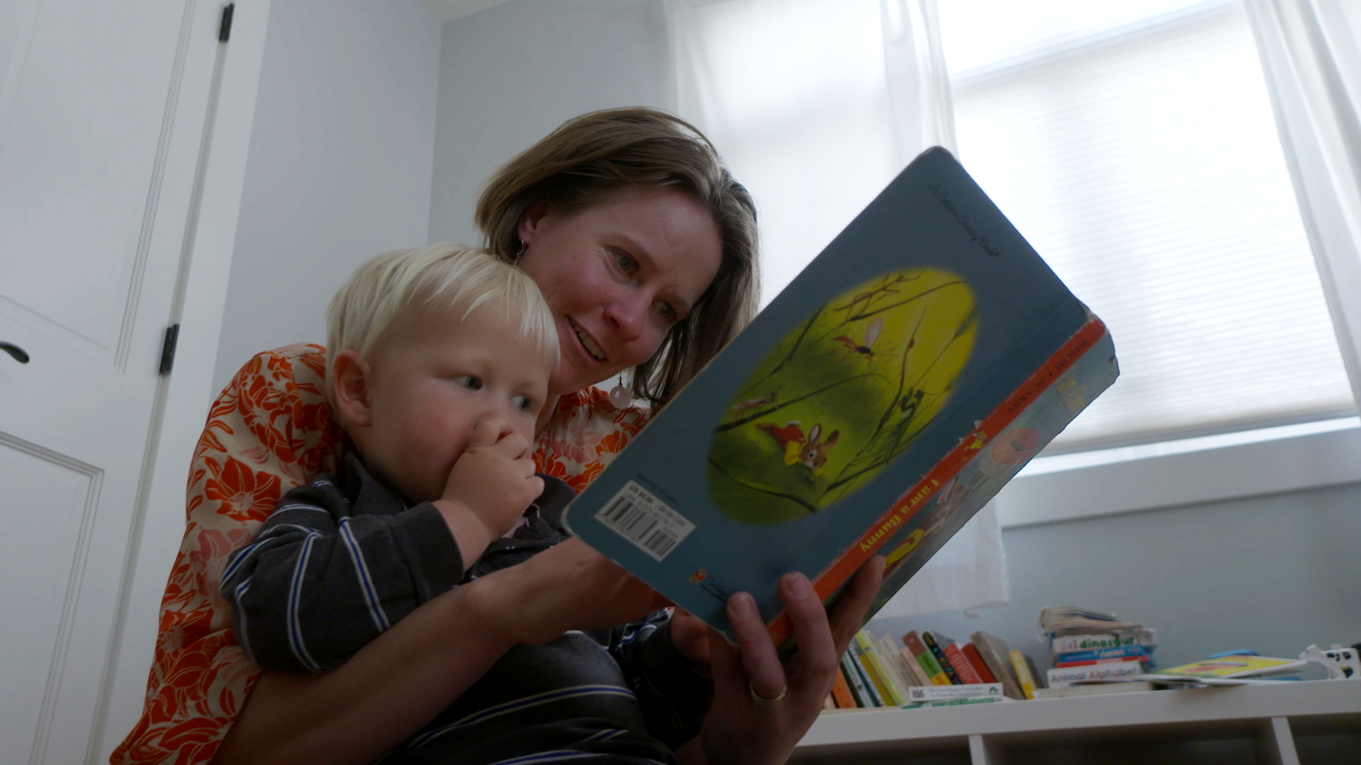 Adult reading a book to a young child in a brightly lit room.
