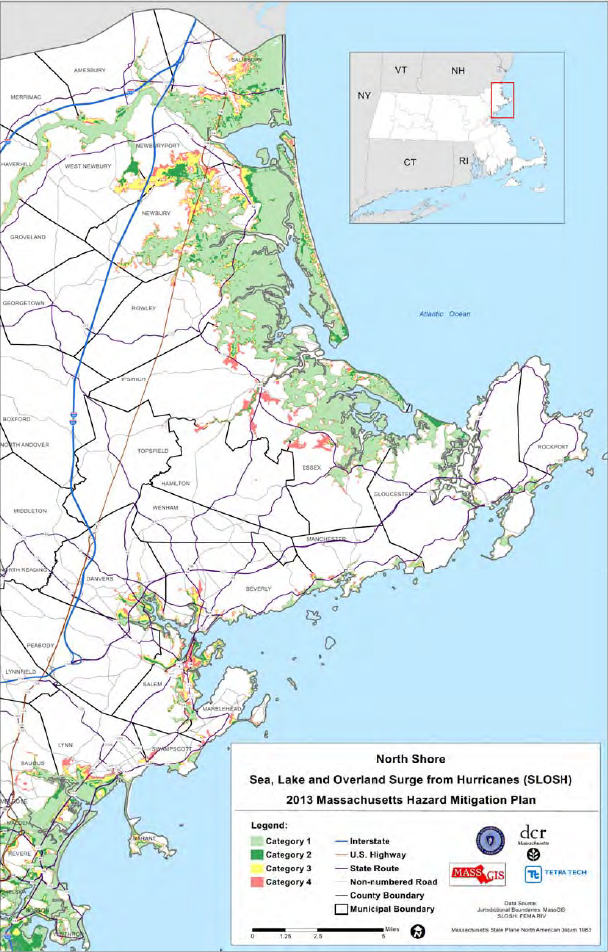 Map of North Shore, Massachusetts, showing hurricane surge zones and transportation routes.