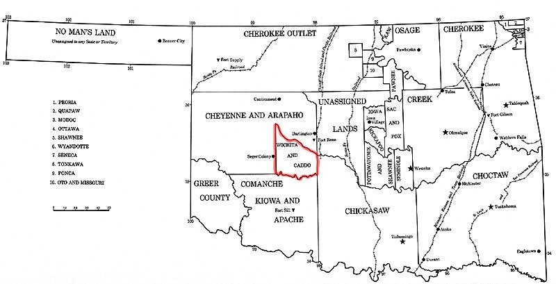 A historical map of tribal territories in present-day Oklahoma, highlighting the Wichita and Caddo area in red.