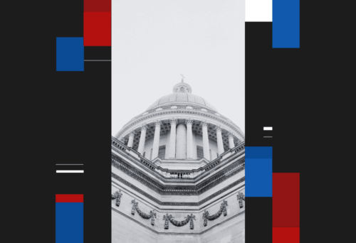 A neoclassical dome with columns, surrounded by geometric shapes in red, blue, black, and white.