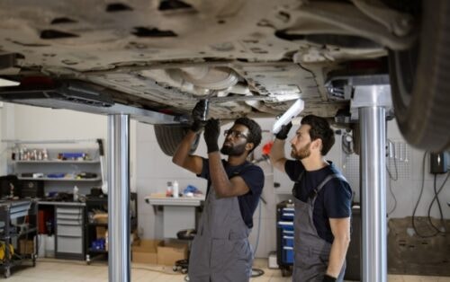 Two car mechanics fix a car