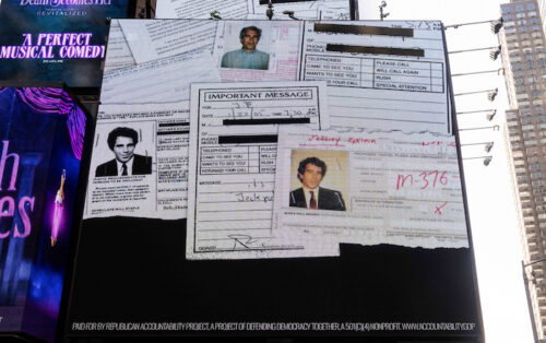 A billboard in Times Square, New York, shows pictures of Jeffrey Epstein and related documents.
