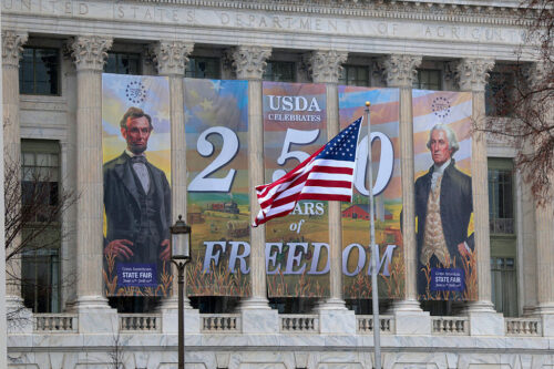 Outside the United States Department of Agriculture where an America 250 banner hangs