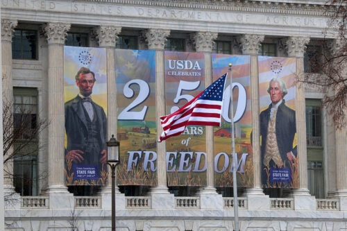 Outside the United States Department of Agriculture where an America 250 banner hangs