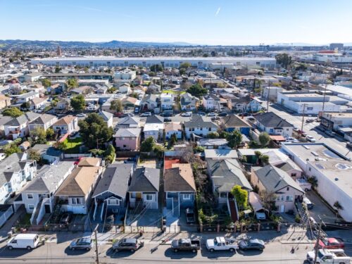 Aerial view of dense single-family houses in Oakland, California.