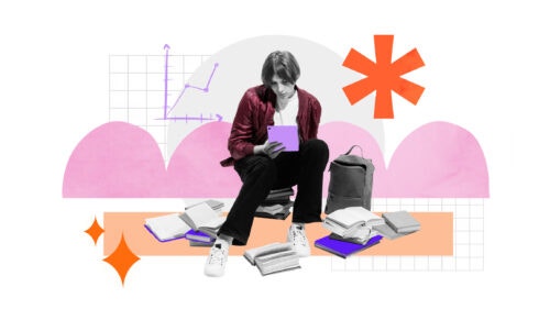 Student in casual wear sits among open books, concentrating on his tablet in a playful paper collage scene. Concept of social media visuals for academic content