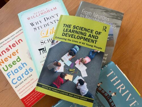 Photograph of five books on a wood table with colorful covers and titles such as “the science of learning and development.”