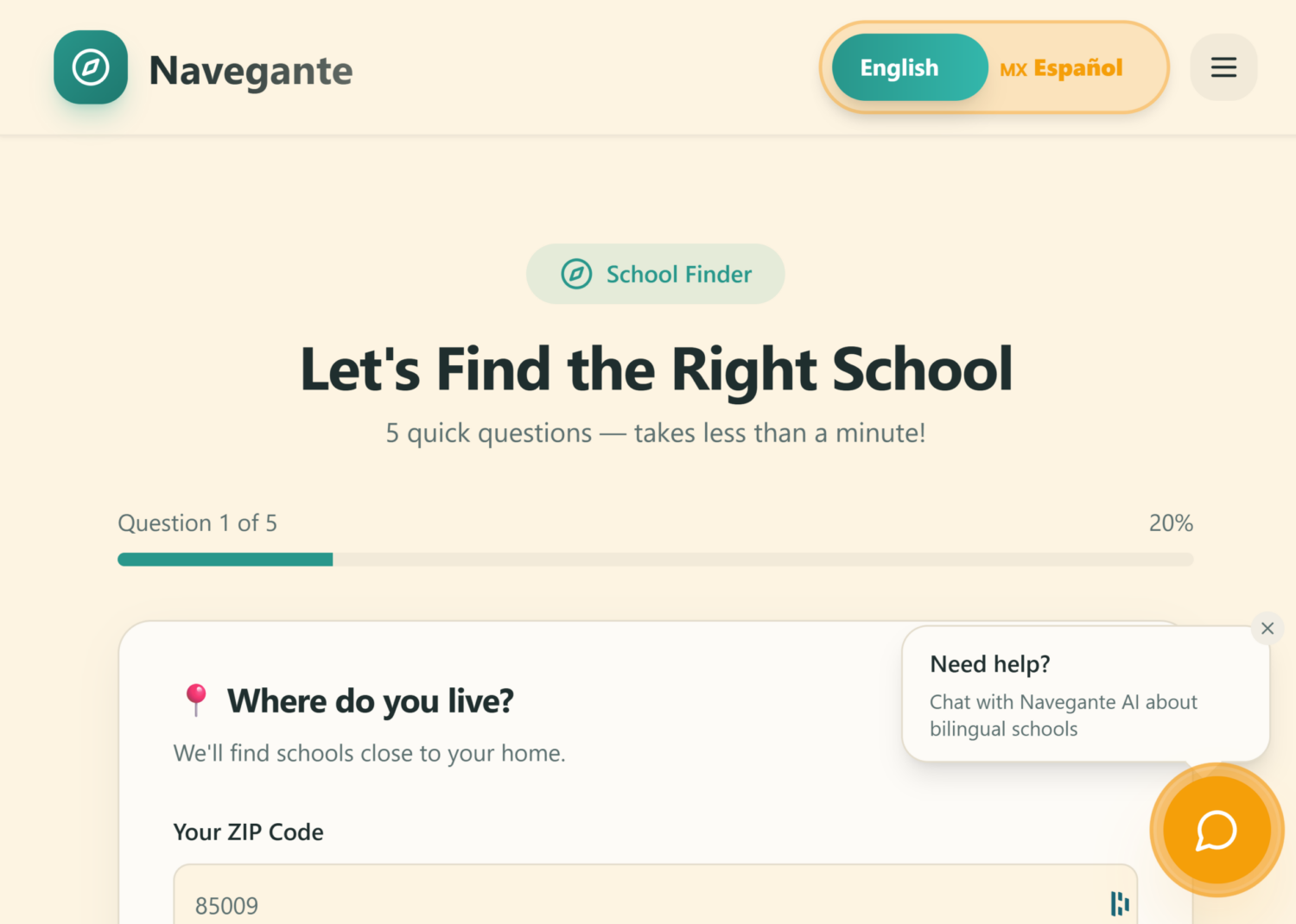 A screenshot of Navegante’s school finder tab with bold black text saying “Let’s Find the Right School.”