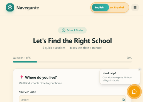A screenshot of Navegante’s school finder tab with bold black text saying “Let’s Find the Right School.”