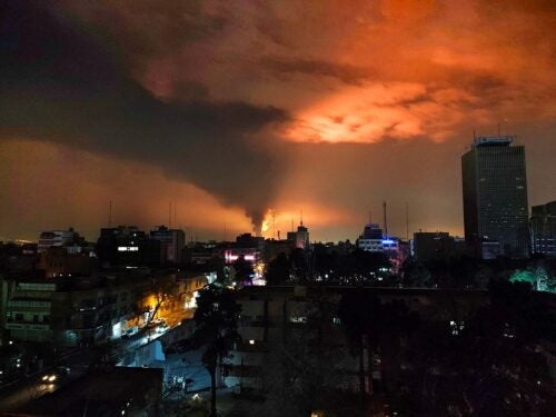 Smoke and flames rise after an airstrike on the night of March 7, 2026 in Tehran, Iran. The United States and Israel continued their joint attack on Iran that began on February 28. Iran retaliated by firing waves of missiles and drones at Israel, and targeting U.S. allies in the region. (Photo by Majid Saeedi/Getty Images)