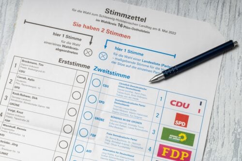 A ballot from Germany’s mixed-member system. Voters select an individual candidate in the left column and a political party in the right column.