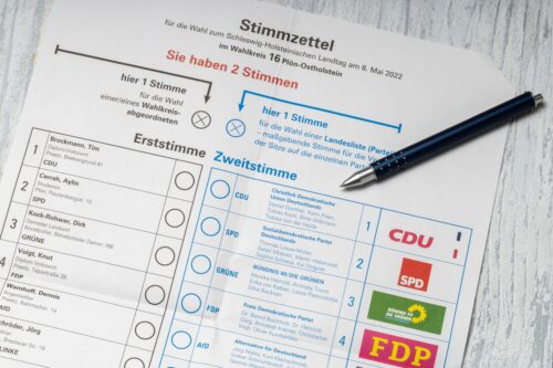 A ballot from Germany’s mixed-member system. Voters select an individual candidate in the left column and a political party in the right column.