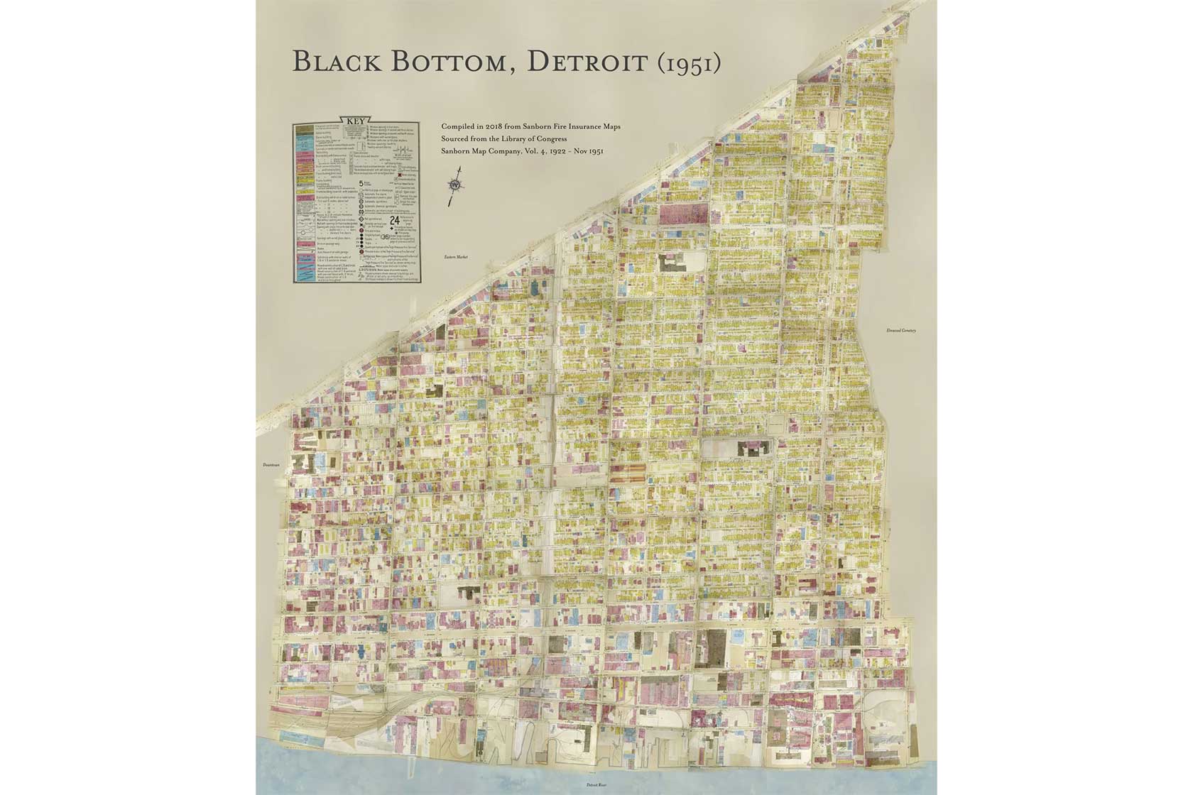 Historical map of Black Bottom, Detroit from 1951, showing detailed streets and buildings in various colors, with a legend in the top left corner.