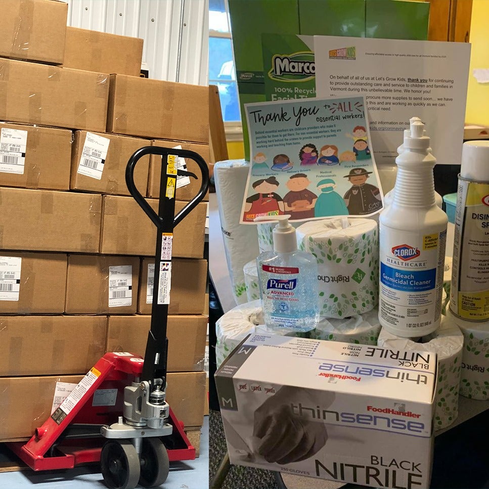 A stack of cardboard boxes with a pallet jack on the left; on the right, hygiene and cleaning supplies with a thank you card for essential workers.