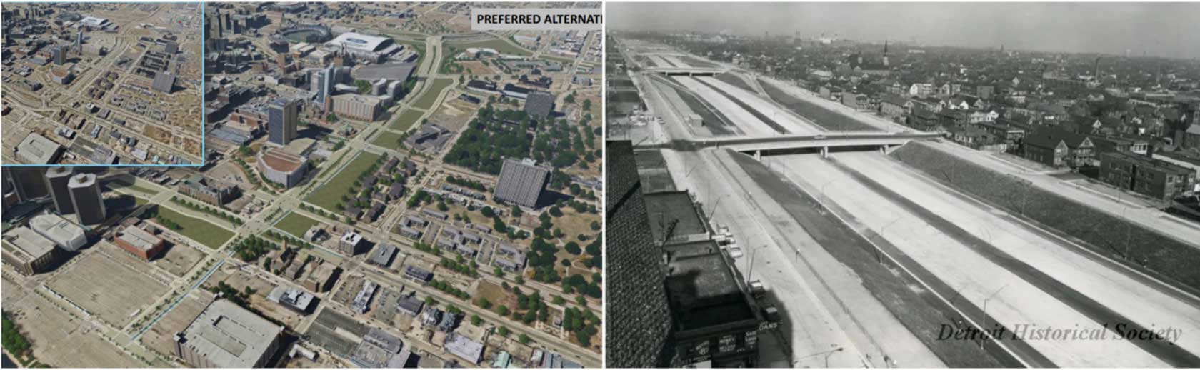 Aerial view of a modern urban landscape on the left, featuring development and buildings, and a historical black-and-white photograph on the right, showing an overpass and older housing.