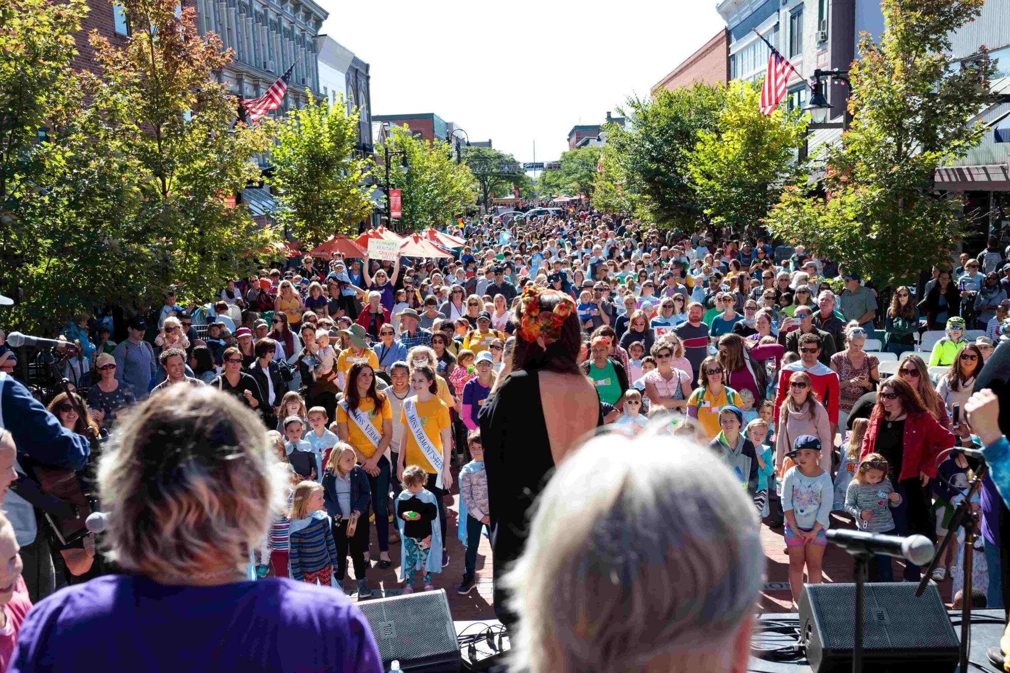 Large crowd at a street festival with people on stage, lined with trees and flags.
