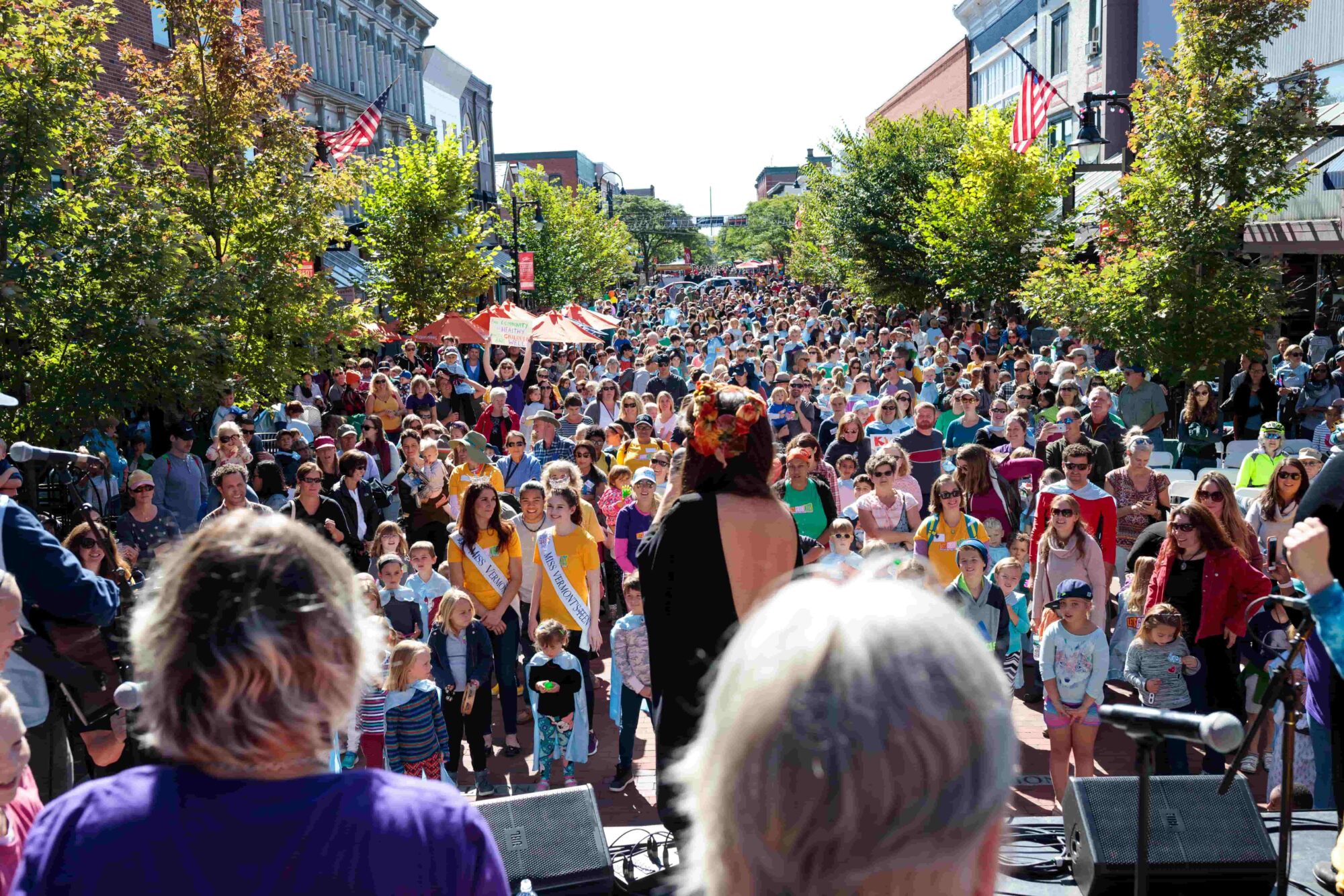 Large crowd at a street festival with people on stage, lined with trees and flags.