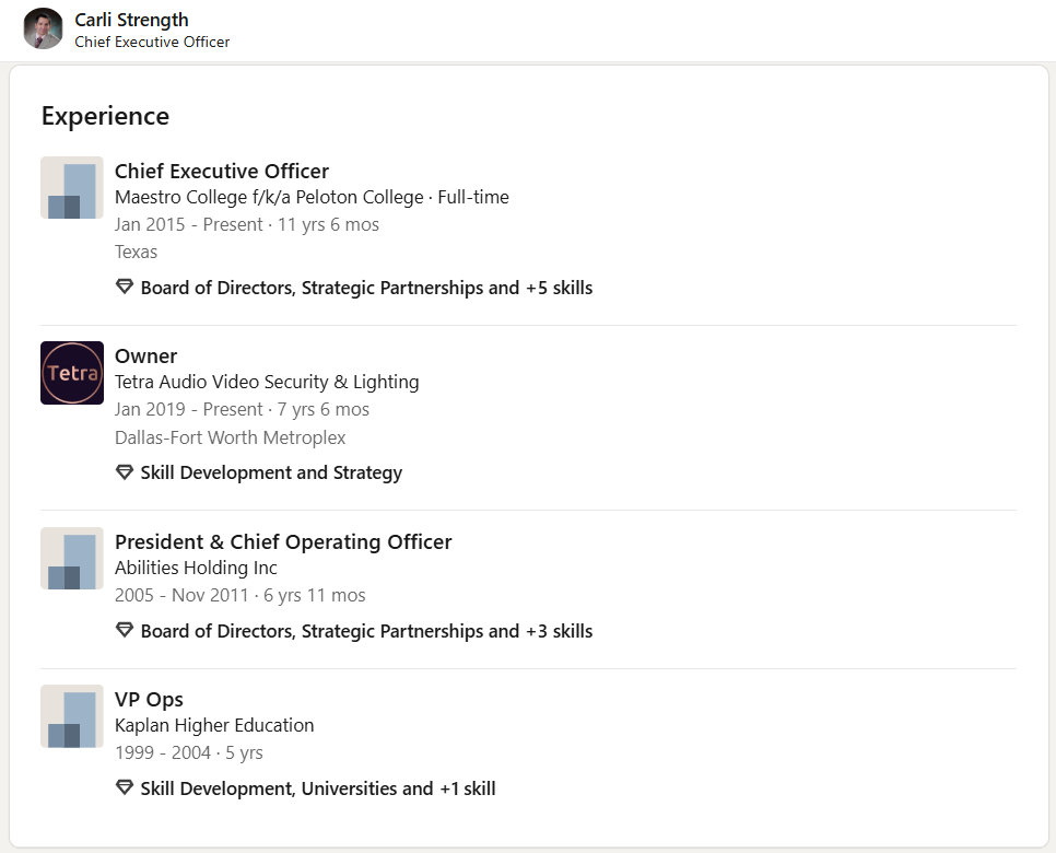 Screenshot of LinkedIn with black text outlining a person's jobs on a white screen
