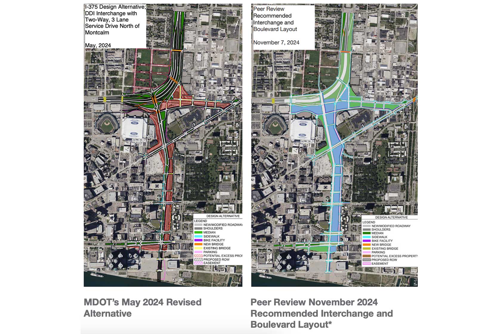 Comparison of two urban interchange design proposals showing various roadway configurations, bike facilities, and pedestrian pathways, with color-coded legends explaining the modifications.