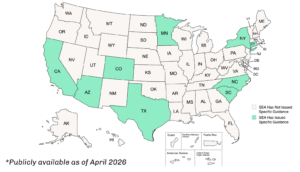 Map of US, certain states colored blue to show compliance