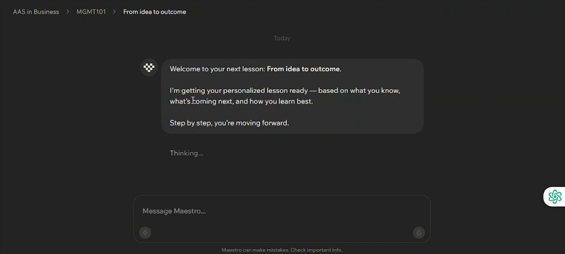 Black screen with white text of the chatbot.