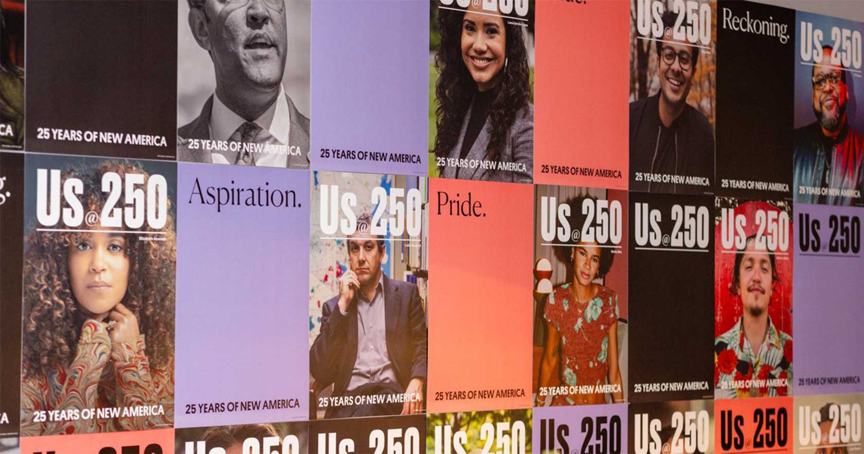 Collage of magazine covers celebrating 25 years of New America, featuring portraits of diverse individuals and themes like 