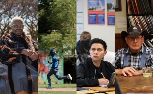A collage of four images: an elderly woman in a fur coat sitting outdoors, a young man running in a baseball uniform, a young man listening attentively in class, and an older man in a cowboy hat seated at a table.