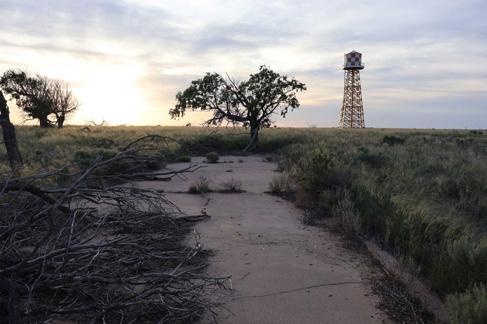 A tall, red and white striped water tower stands on a metal frame in a grassy landscape at sunset, with twisted trees and a cracked concrete path in the foreground.