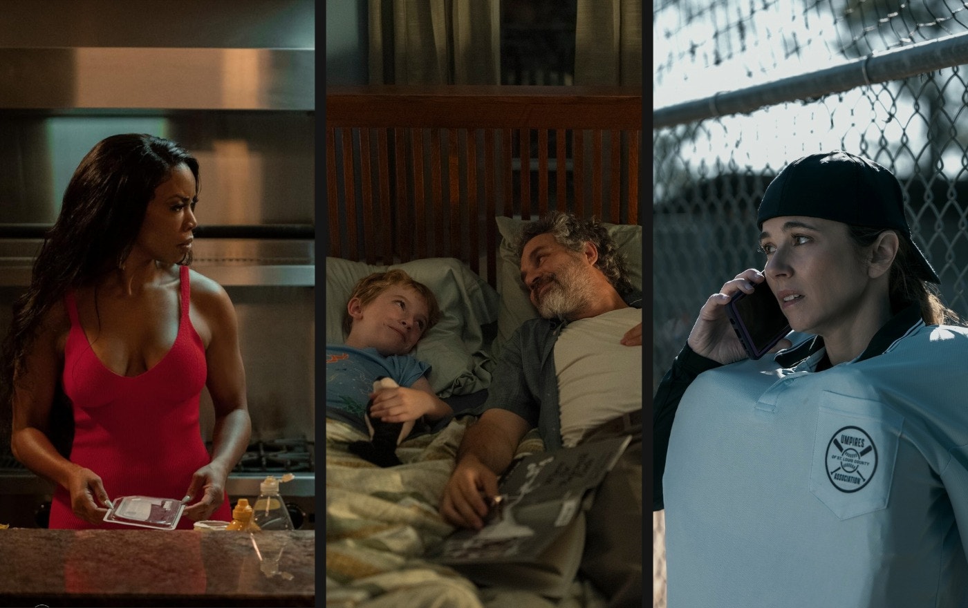 A collage of screencaps: A Black woman standing in her kitchen (P-Valley on Starz), an FBI investigator and a child talking while lying next to each other (Task on HBO), and a woman wearing an umpire uniform and padding talking on the phone (DTF: St. Louis on HBO).