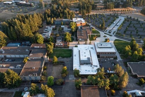 An aerial view of a community college.