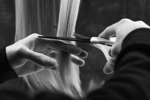 A black and white image of a pair of hands grabbing a strand of hair and cutting it.