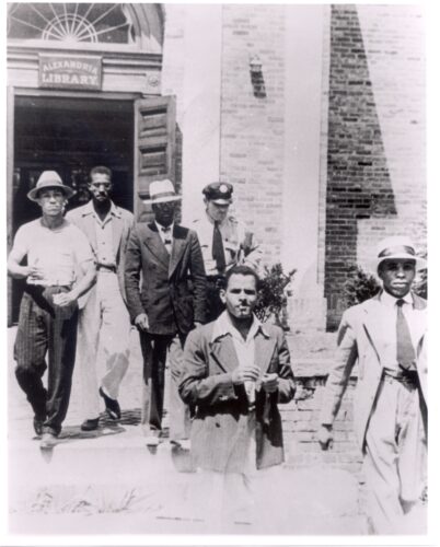 A black and white photograph of the Library Sit-In Protest