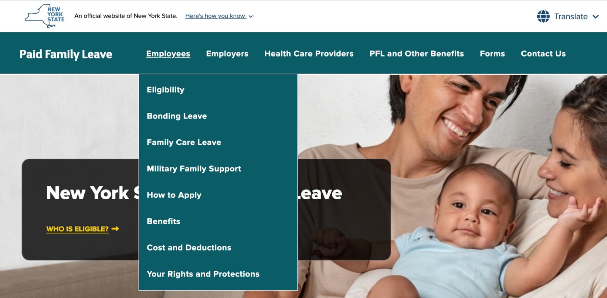 Website interface for New York State's Paid Family Leave program, featuring a smiling family with a baby, a teal sidebar menu, and the text 