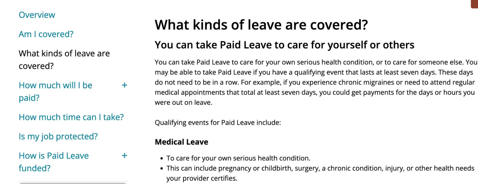 Webpage segment outlining paid leave policies, featuring a title about types of covered leave and a list detailing qualifying events for medical leave.