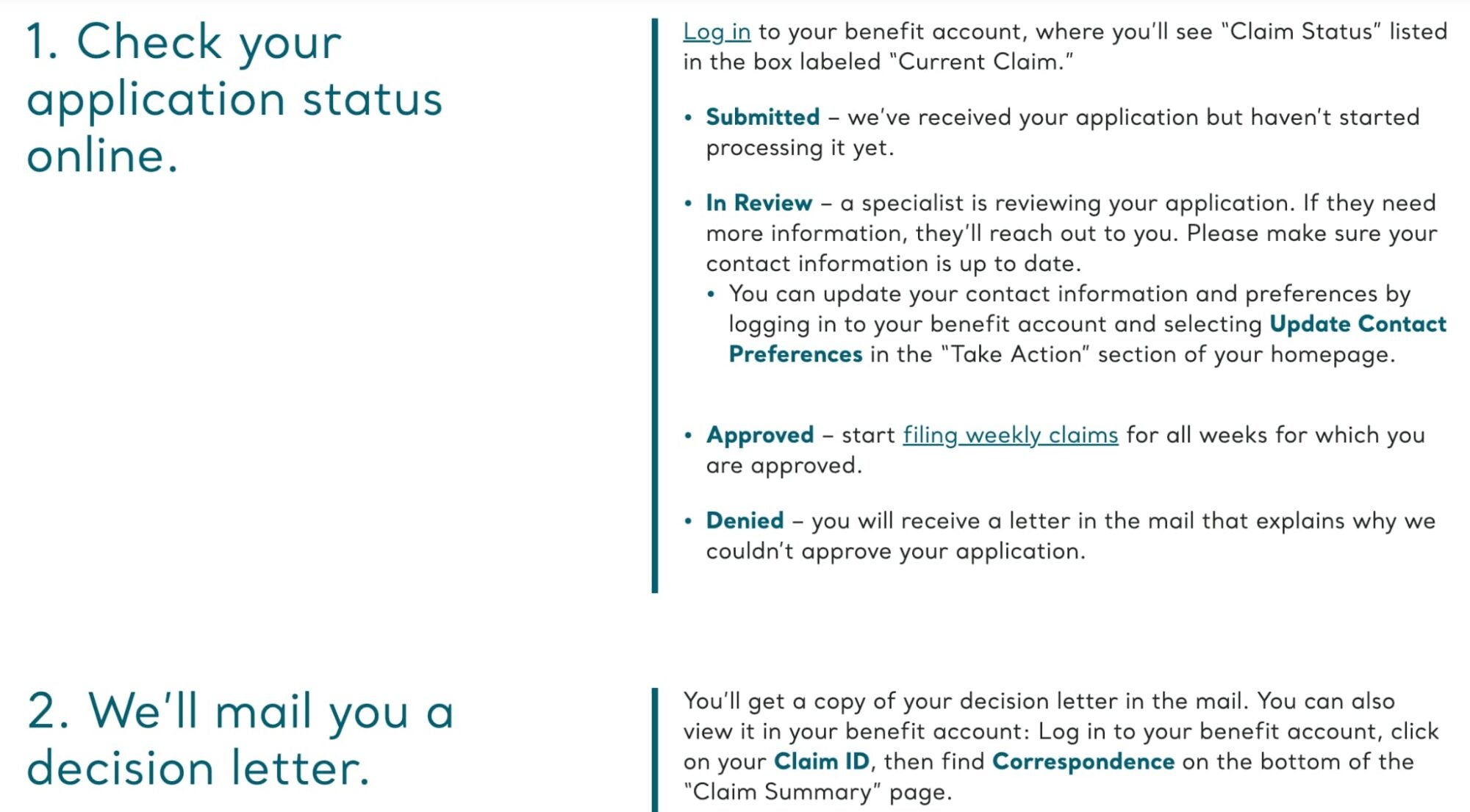 Guide to checking application status, including steps for submission, review, approval, and denial, with instructions for viewing a decision letter online.