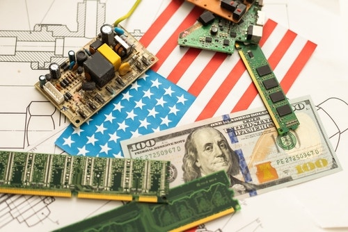 Image of the United States flag , motherboard and dollars in USA money.