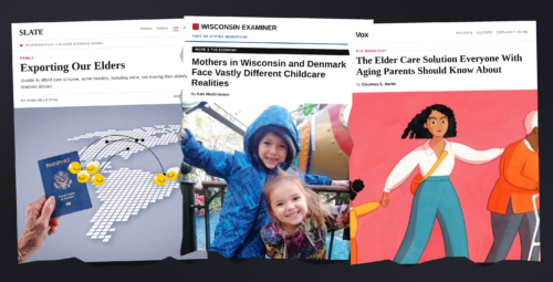 This image is a collage of Better Life Lab's supported journalism focused on caregiving