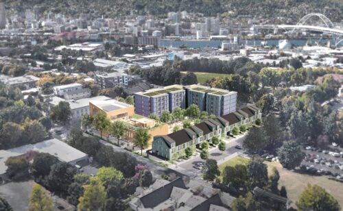 Aerial rending of a development project in the middle of a neighborhood, showing apartment buildings and multi-use space.