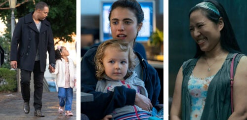 Three-panel collage of adults with children: a man walking with a child, a woman holding a young child, and a smiling woman in a headband.