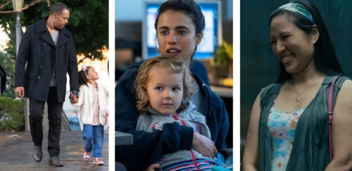 Three-panel collage of adults with children: a man walking with a child, a woman holding a young child, and a smiling woman in a headband.